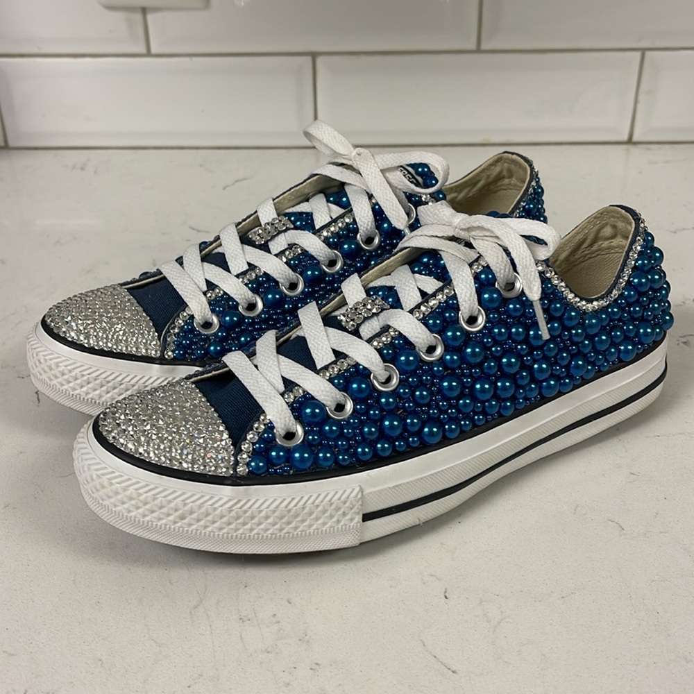Converse Chuck Taylor All Star Canvas Low Top Blue Pearls Embellished Sneakers 8